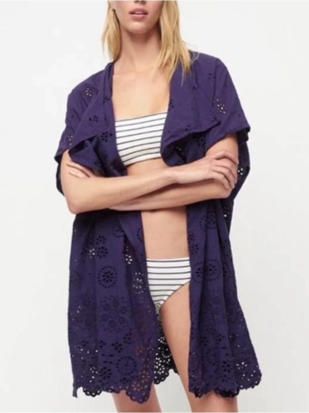 J. Crew Blue Purple 100% Organic Cotton Eyelet Open Front Coverup size M/L